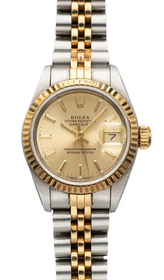 Rolex 69173 Datejust Lady watch champagne dial two tone Jubilee bracelet: Rolex 69173 Datejust Lady watch champagne dial two tone Jubilee bracelet Rolex Datejust Lady wristwatch featuring a champagne stick dial, fluted bezel, and two-tone Jubilee D-link bracelet. Includes c