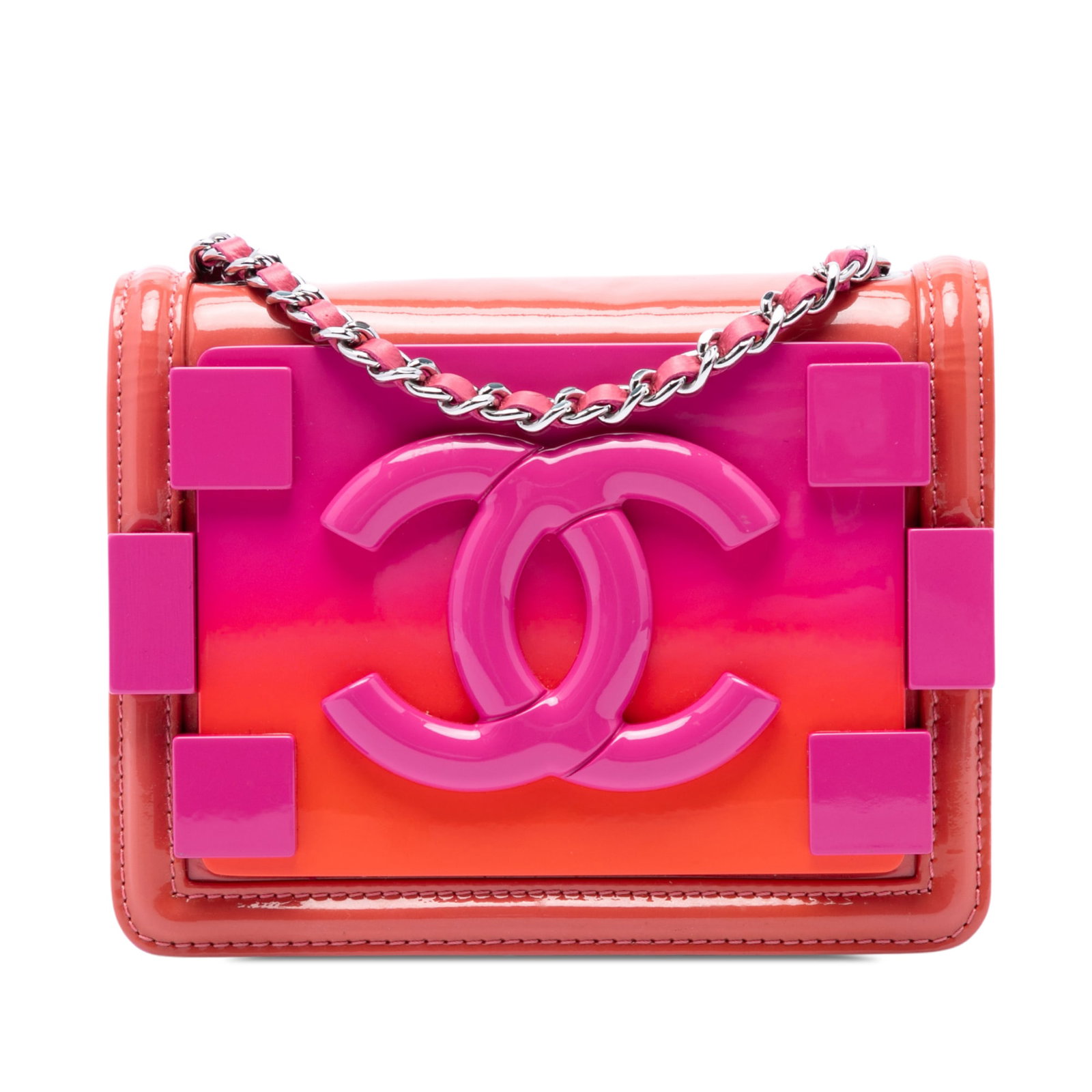 Chanel Boy Brick Flap Mini Ombre Acrylic Patent Crossbody Bag: Chanel Boy Brick Flap Mini Ombre Acrylic Patent Crossbody Bag Compact and distinctive, this Chanel Mini Ombre Acrylic and Patent Boy Brick Flap crossbody bag is crafted with an acrylic and patent leat