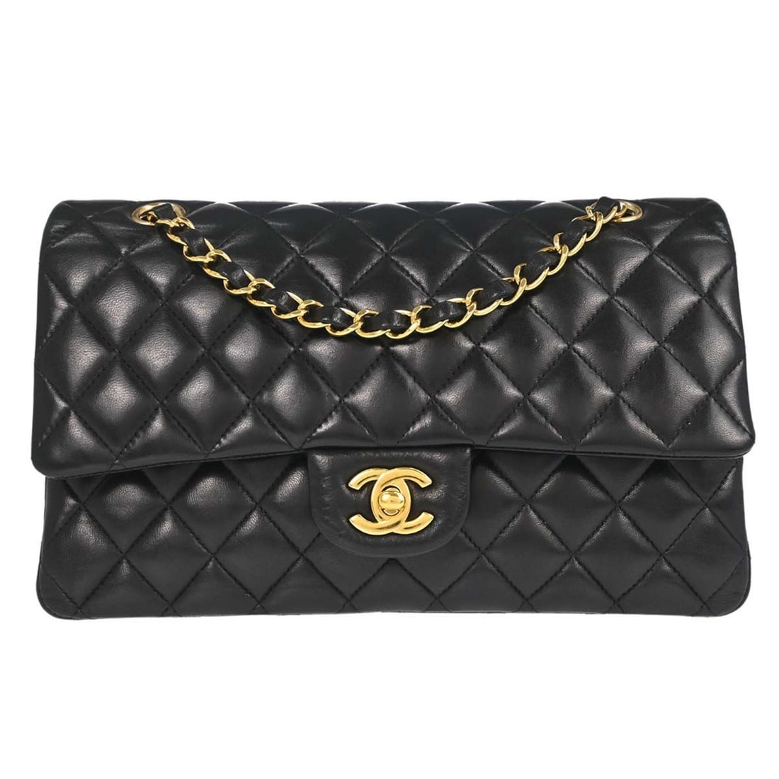 CHANEL Classic Double Flap Medium Black Lambskin Shoulder Bag: CHANEL Classic Double Flap Medium Black Lambskin Shoulder Bag Chanel Medium Classic Double Flap shoulder bag in black lambskin leather with a turn-lock closure and shoulder strap. This women's bag fea