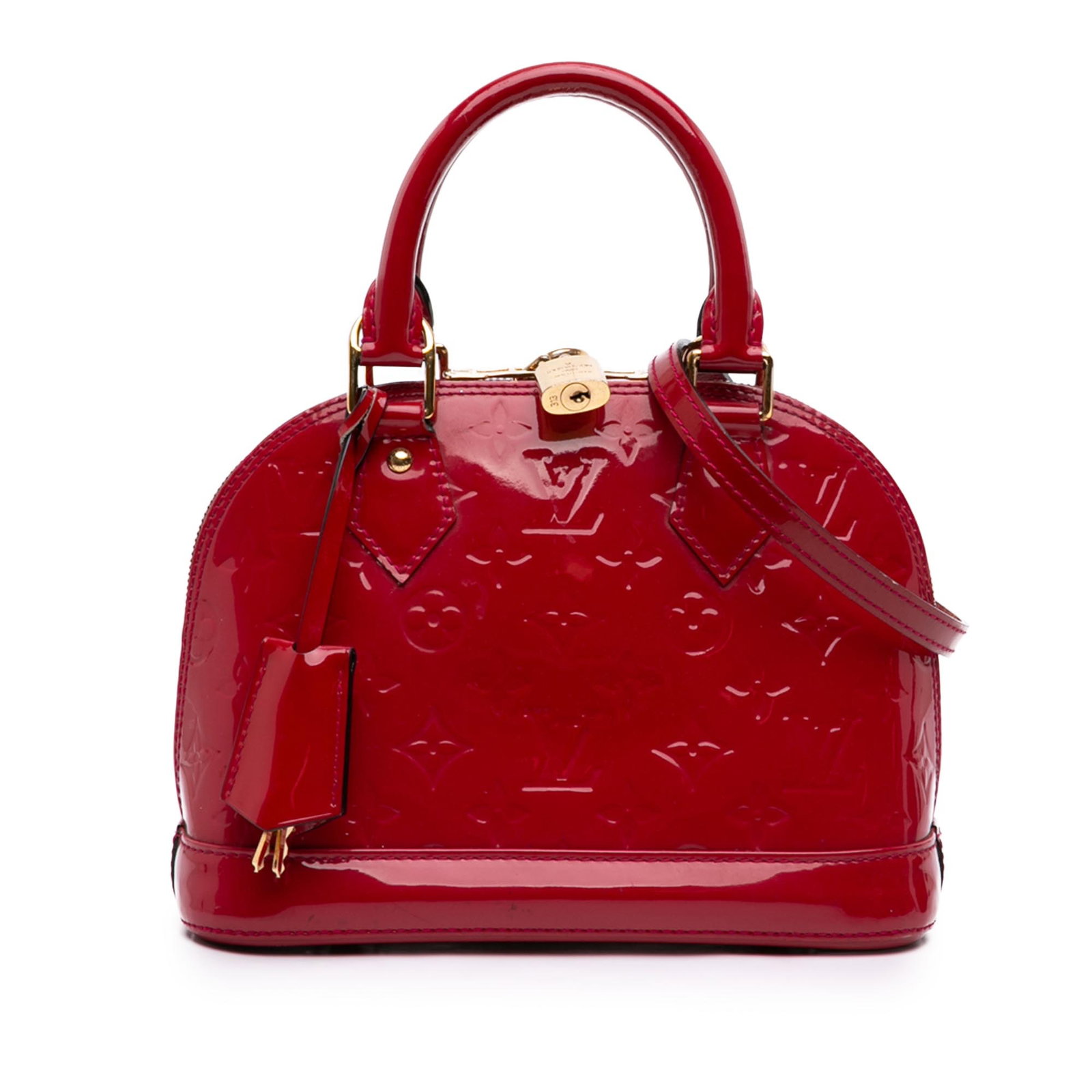 Louis Vuitton Alma BB Monogram Vernis Red Leather Handbag: Louis Vuitton Alma BB Monogram Vernis Red Leather Handbag Louis Vuitton Monogram Vernis Alma BB handbag crafted in red vernis leather with rolled leather handles, a detachable leather strap, a top zip