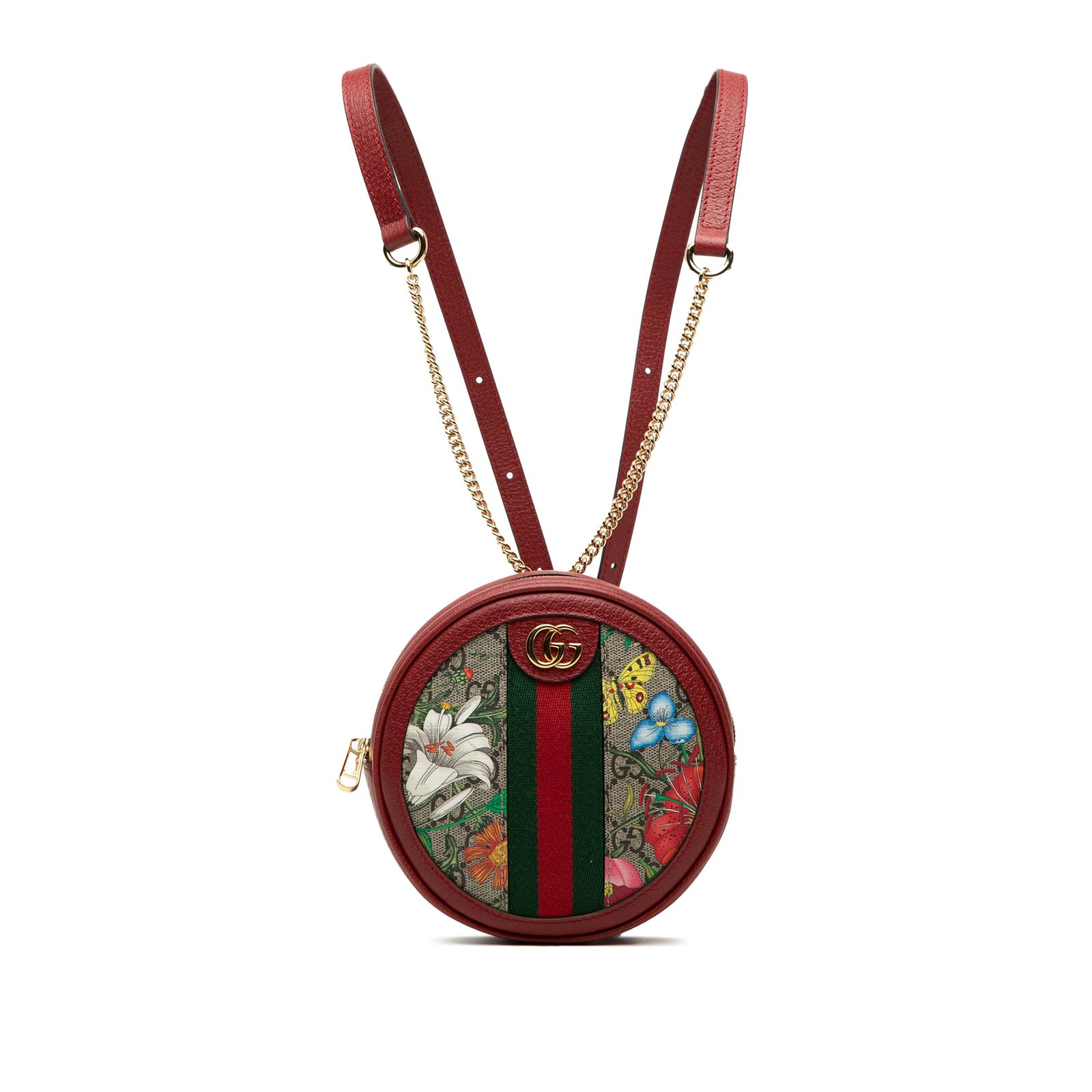 Gucci Ophidia Round Mini Backpack GG Supreme Flora Web: Gucci Ophidia Round Mini Backpack GG Supreme Flora Web Compact Gucci Ophidia backpack in beige GG Supreme coated canvas with Flora print, leather trim, and signature web detail. The round mini silhoue