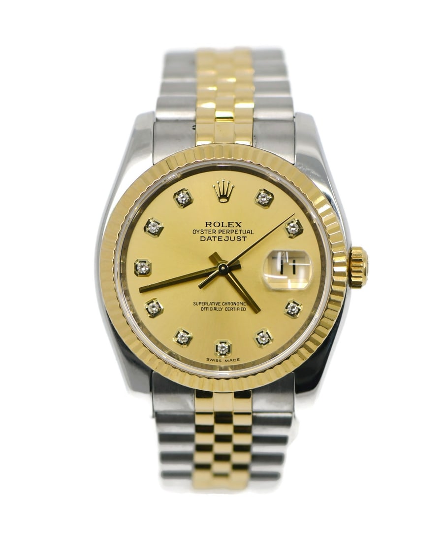 Rolex Datejust 116233 18K Diamond Stainless Steel Automatic Watch: Rolex Datejust 116233 18K Diamond Stainless Steel Automatic Watch This exquisite Rolex Datejust wristwatch features a stunning champagne dial elegantly accented with diamonds. Crafted with an 18K gold