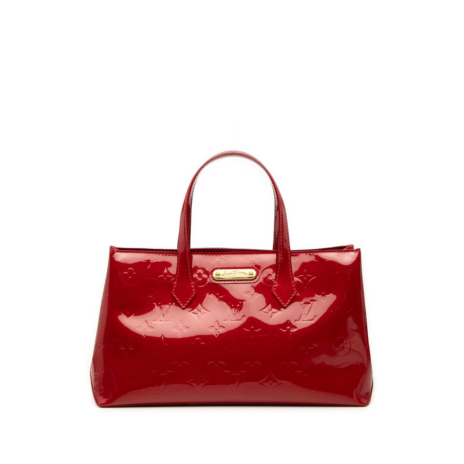 Louis Vuitton Wilshire PM Monogram Vernis Leather Handbag: Louis Vuitton Wilshire PM Monogram Vernis Leather Handbag A structured Louis Vuitton Wilshire PM handbag crafted in red Monogram Vernis leather. It features flat leather handles, an open top with a lo
