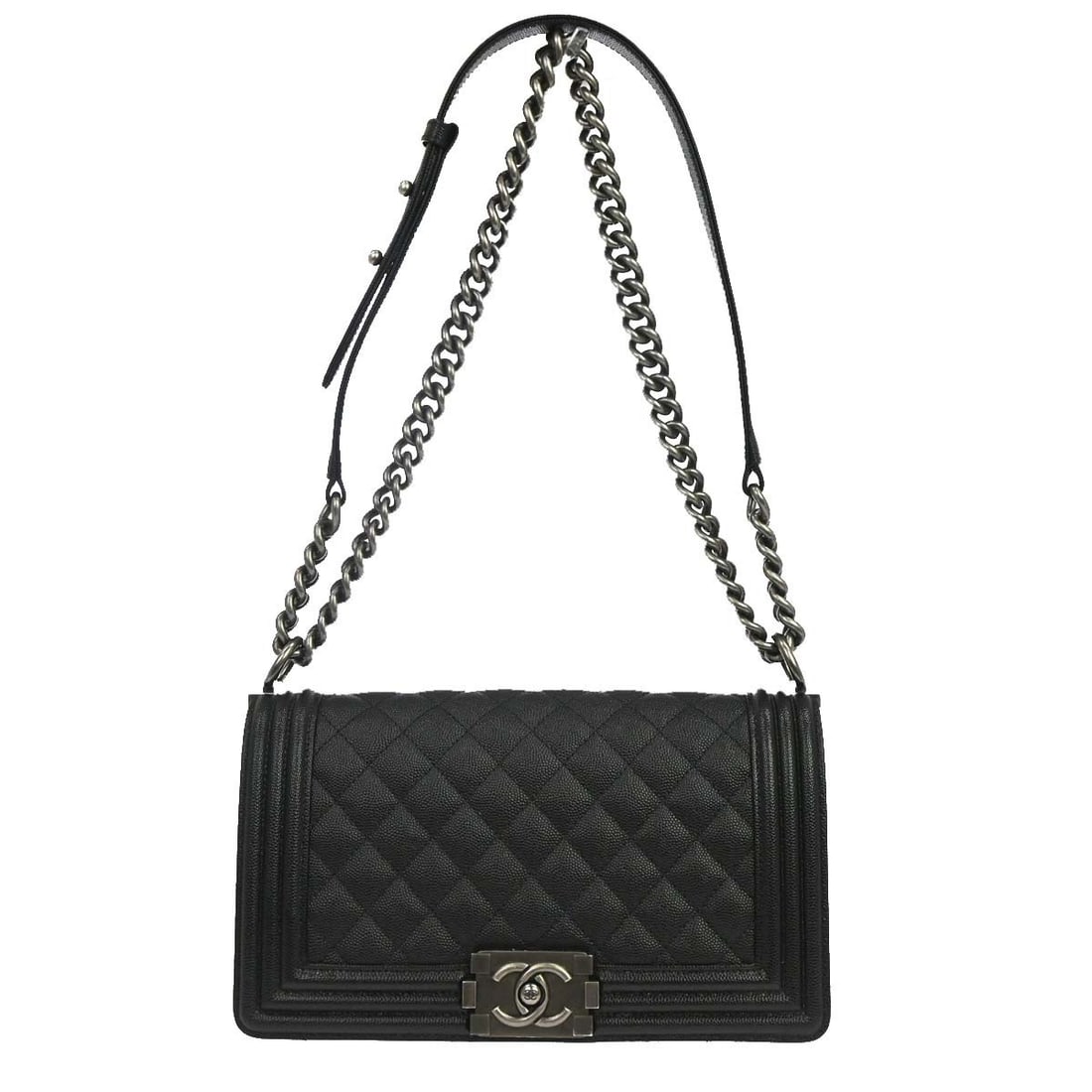 CHANEL Boy Medium Shoulder Bag Black Caviar Leather Chain Strap: CHANEL Boy Medium Shoulder Bag Black Caviar Leather Chain Strap Chanel Boy Medium shoulder bag in black caviar skin leather with a push-lock closure, chain shoulder strap, fabric lining, and inner poc