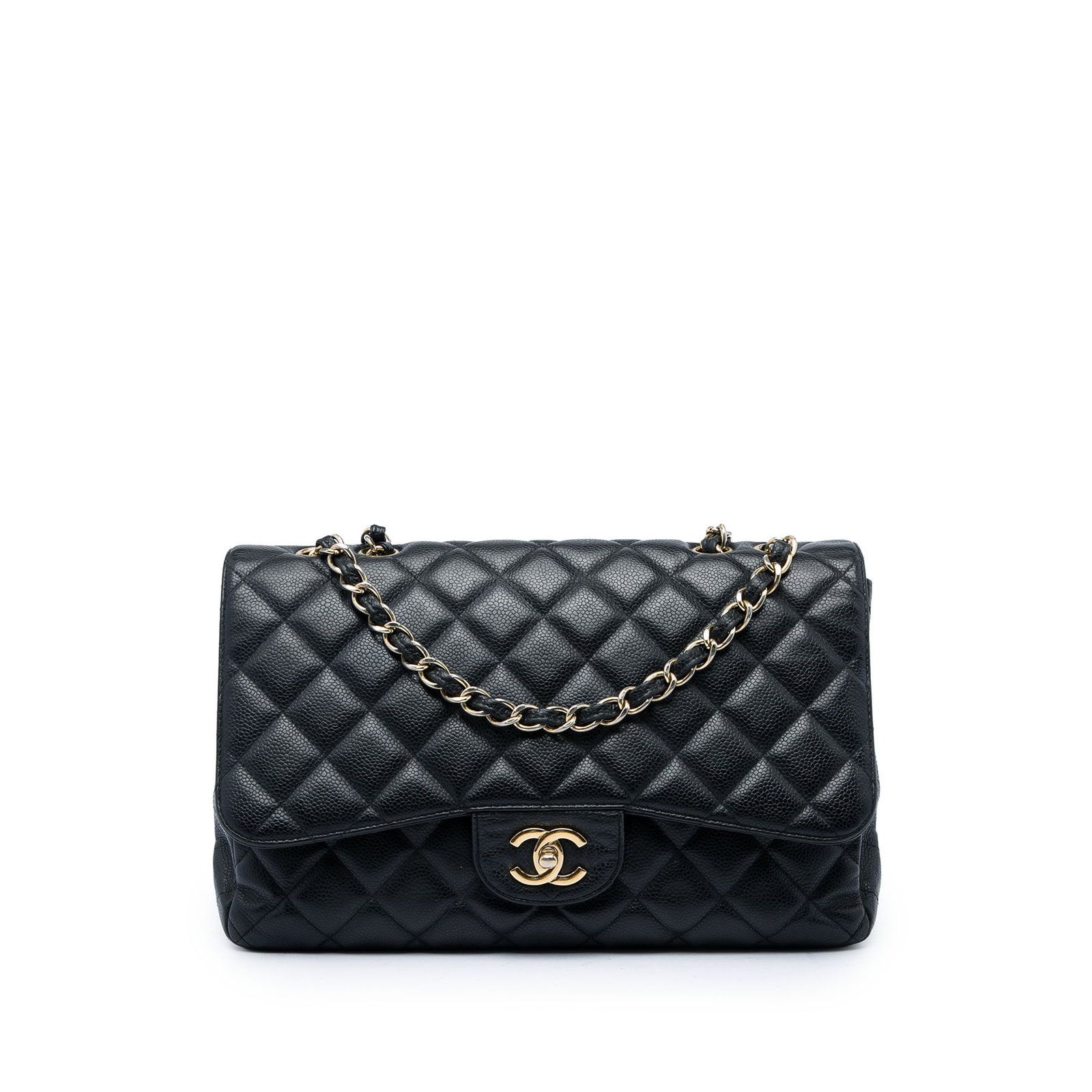 Chanel Black Caviar Leather Jumbo Classic Single Flap Bag: Chanel Black Caviar Leather Jumbo Classic Single Flap Bag A Chanel Jumbo Classic Caviar Single Flap bag crafted in black quilted caviar leather with leather-woven chain-link shoulder straps. The desig