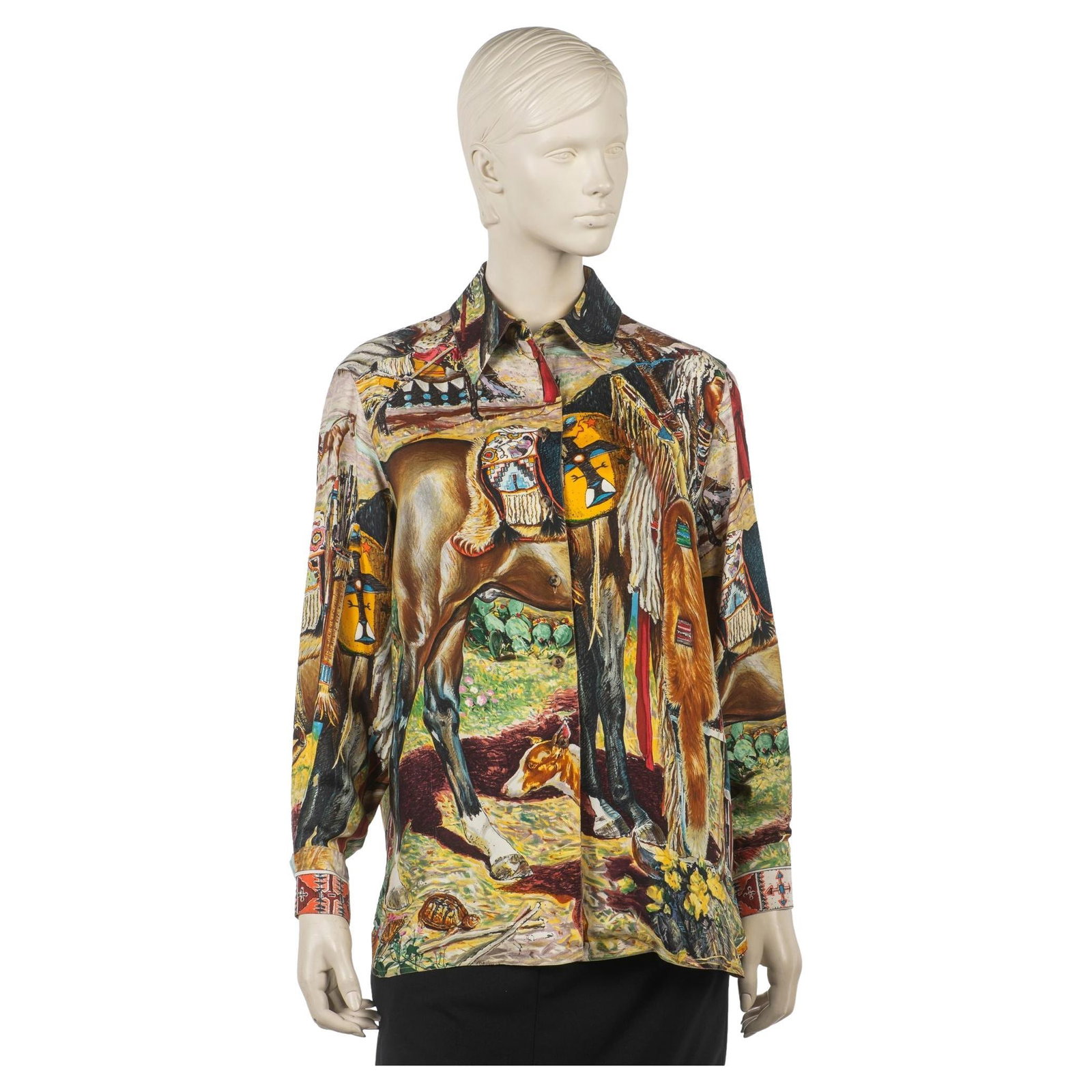 Hermes Les Cheyennes Silk Shirt by Kermit Oliver Vintage 1990s: Hermes Les Cheyennes Silk Shirt by Kermit Oliver Vintage 1990s Introducing the Hermes "Les Cheyennes" Silk Shirt, a rare vintage piece from the 1990s that showcases a stunning design by American artis