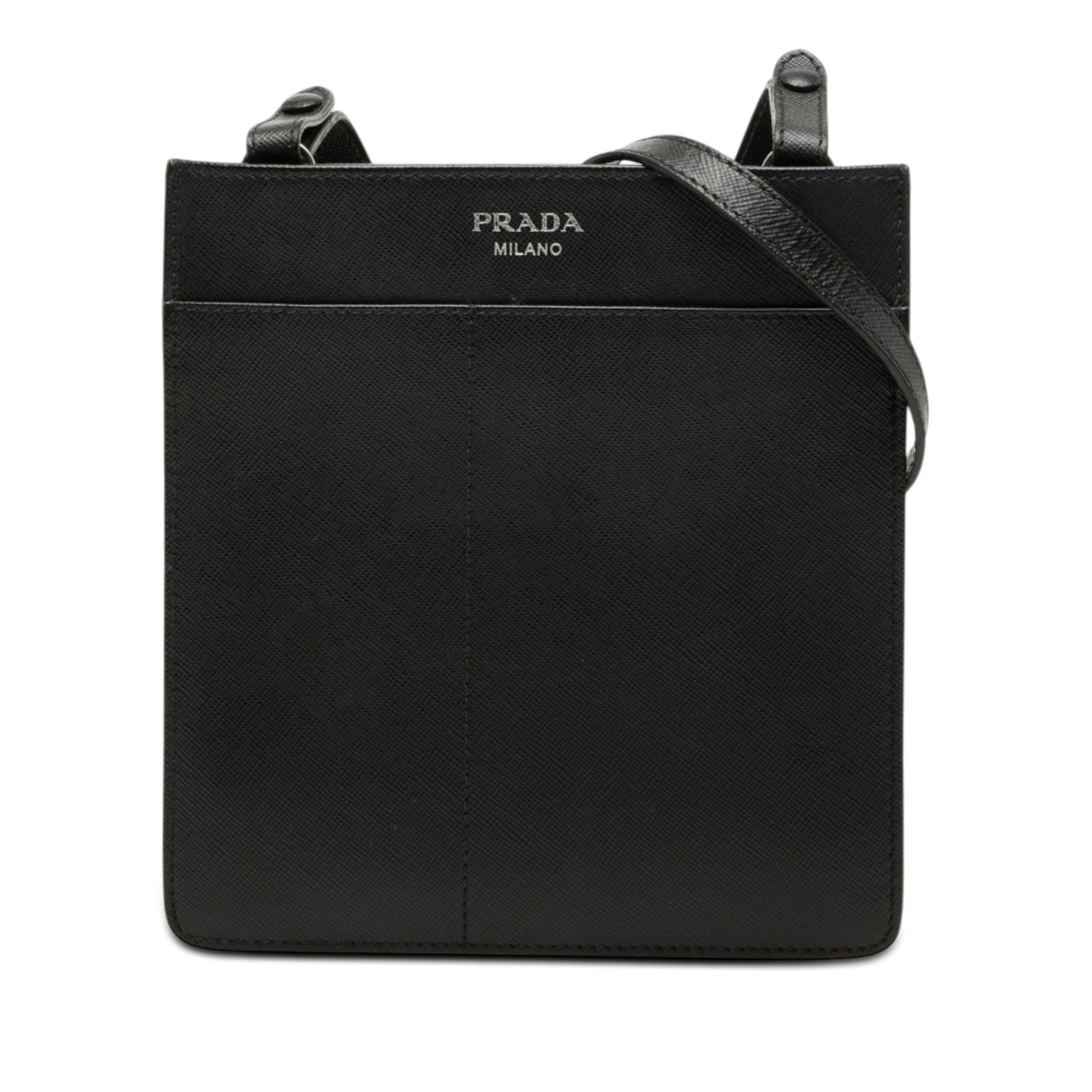 Prada Saffiano Leather Crossbody Bag Black Made in Italy: Prada Saffiano Leather Crossbody Bag Black Made in Italy Prada Saffiano Crossbody in black leather with an adjustable flat strap, open top, exterior front and back slip pockets, and an interior slip p