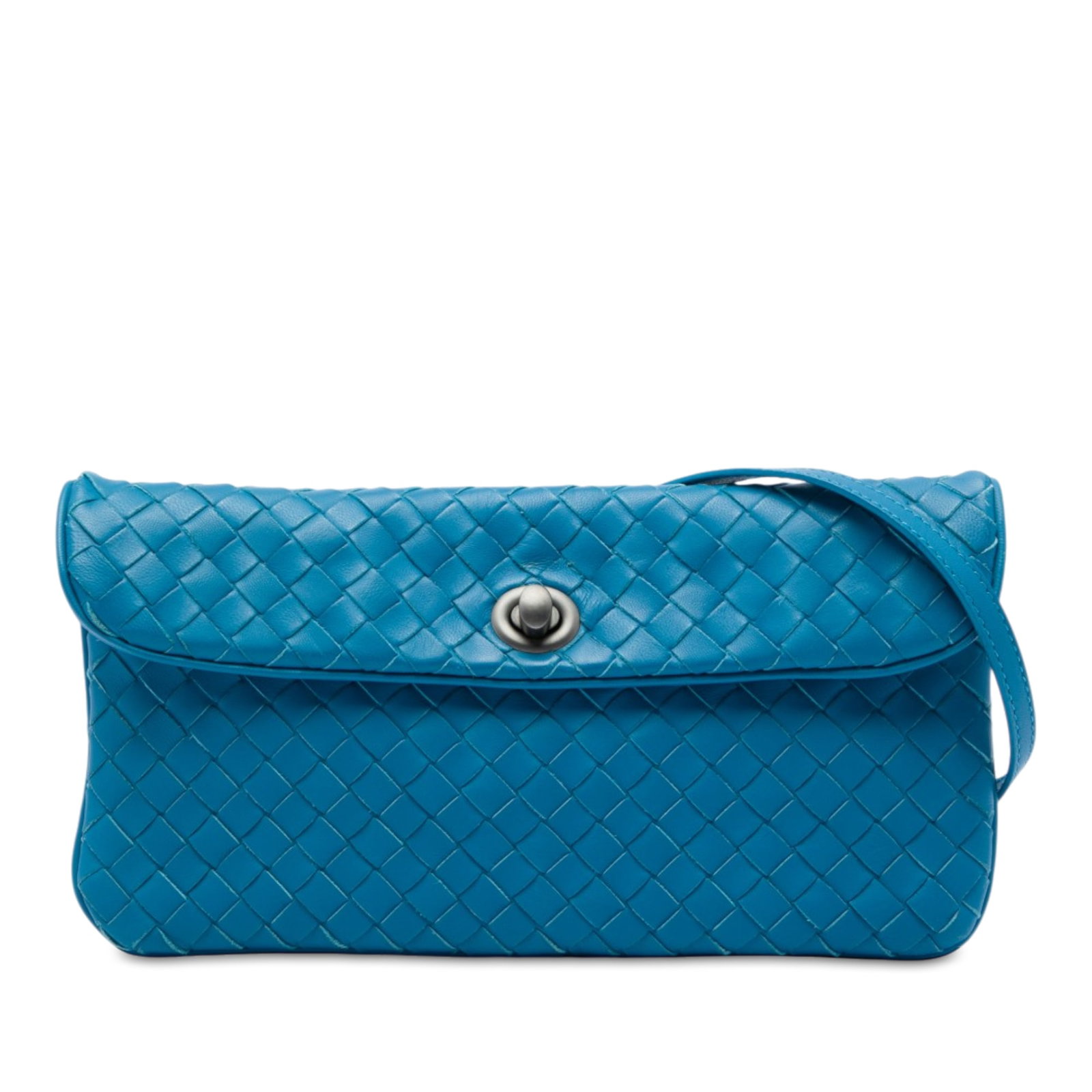 Bottega Veneta Mini Intrecciato Nappa Leather Crossbody Bag Blue: Bottega Veneta Mini Intrecciato Nappa Leather Crossbody Bag Blue A Bottega Veneta Mini Nappa Intrecciato Turn Lock Crossbody in blue leather with the brand's signature woven body and a front flap turn