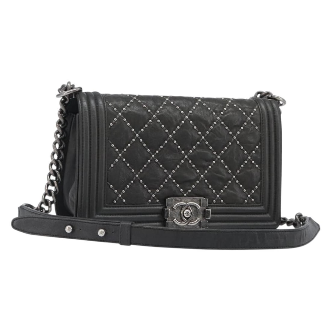 CHANEL Boy Chanel Matelasse Leather Shoulder Bag Black Silver: CHANEL Boy Chanel Matelasse Leather Shoulder Bag Black Silver A Chanel Boy shoulder bag in black leather with silver-tone CC detailing. This women's shoulder bag has a customized repainted exterior an
