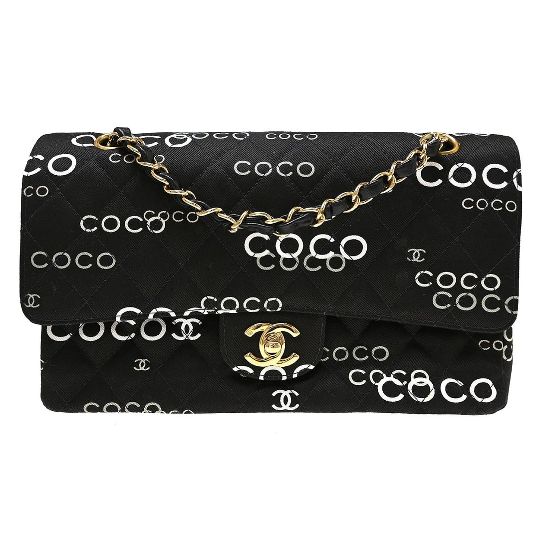 CHANEL Classic Double Flap Medium Shoulder Bag Black Canvas COCO: CHANEL Classic Double Flap Medium Shoulder Bag Black Canvas COCO Chanel COCO Medium Classic Double Flap shoulder bag in black canvas with a turn-lock closure and leather lining. This medium bag featur