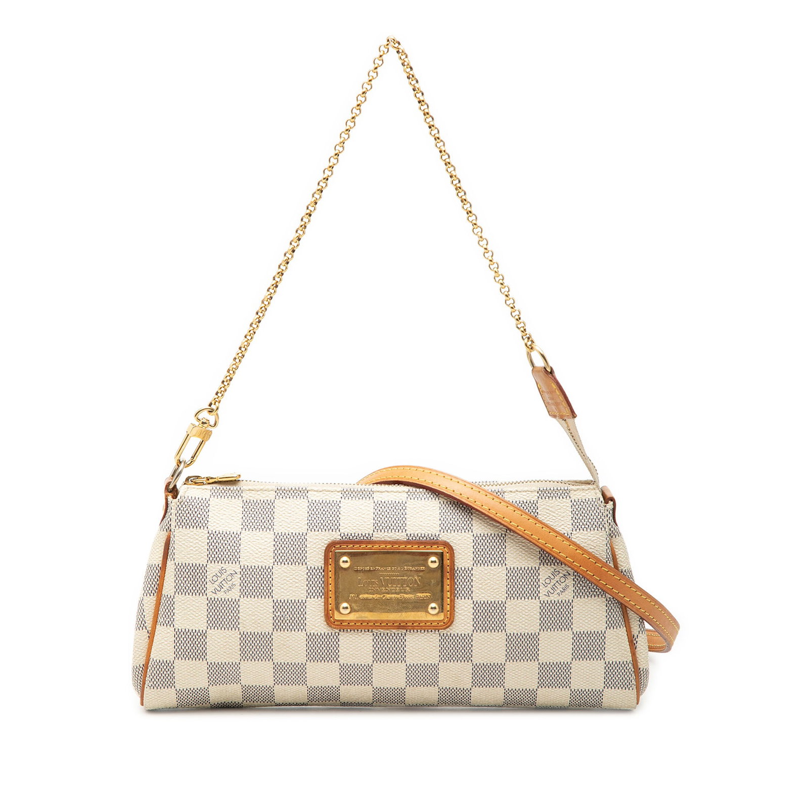 Louis Vuitton Eva Damier Azur canvas bag: Louis Vuitton Eva Damier Azur canvas bag The Louis Vuitton Damier Azur Eva bag features a damier azur canvas body with a white colorway, complemented by a removable chain handle and a detachable flat 