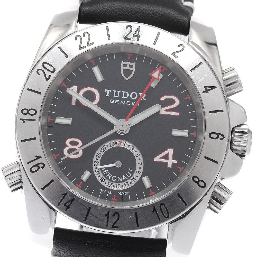 TUDOR Aeronaut 20200 automatic GMT date mens wristwatch: TUDOR Aeronaut 20200 automatic GMT date mens wristwatch TUDOR Aeronaut automatic wristwatch with GMT and date functions. This men's watch features a black dial, stainless steel case, and leather strap