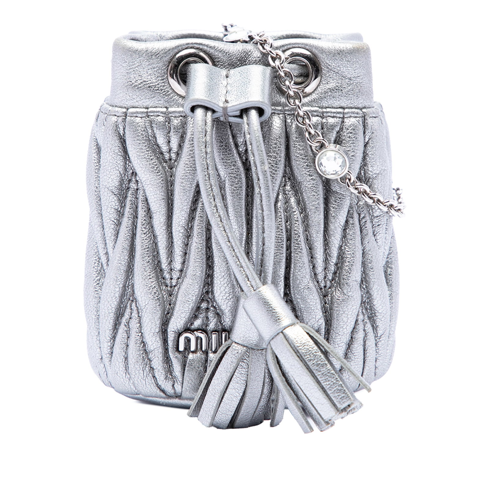Miu Miu metallic nappa bucket bag with crystal chain: Miu Miu metallic nappa bucket bag with crystal chain Compact and distinctive, this Miu Miu mini bucket bag is crafted in metallic matelasse nappa leather with tassel detail and a crystal chain link st
