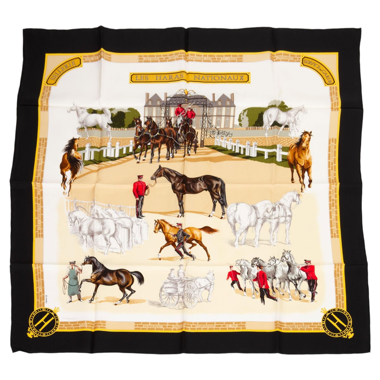 Les Haras Nationaux silk square by Hermes designed by Hubert de Watrigant: Les Haras Nationaux silk square by Hermes designed by Hubert de Watrigant Hermes "Les Haras Nationaux" silk scarf features a black, white, and cream design by Hubert de Watrigant. This French-made acc