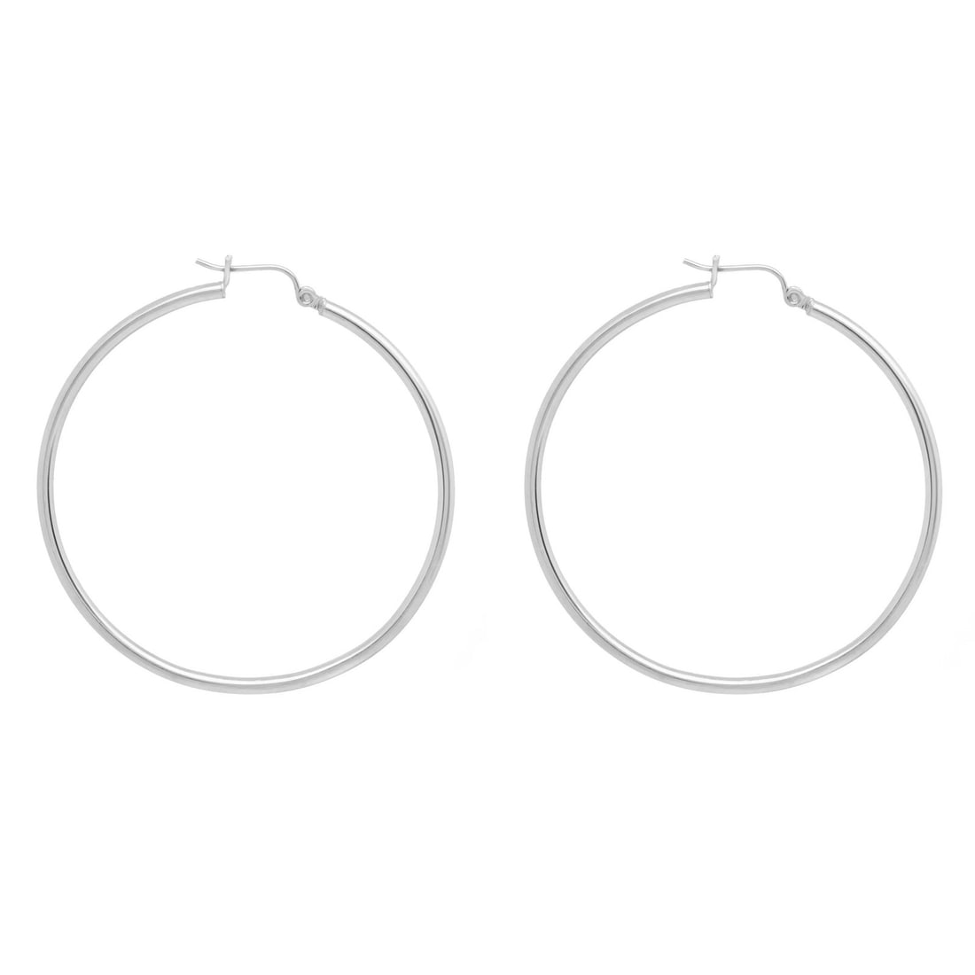 Rachel Koen 14K White Gold Large Hoop Earrings Pair: Rachel Koen 14K White Gold Large Hoop Earrings Pair Large hollow hoop earrings crafted in 14K white gold with a high polish finish and engraved detailing. This handmade pair features a hinged closure 
