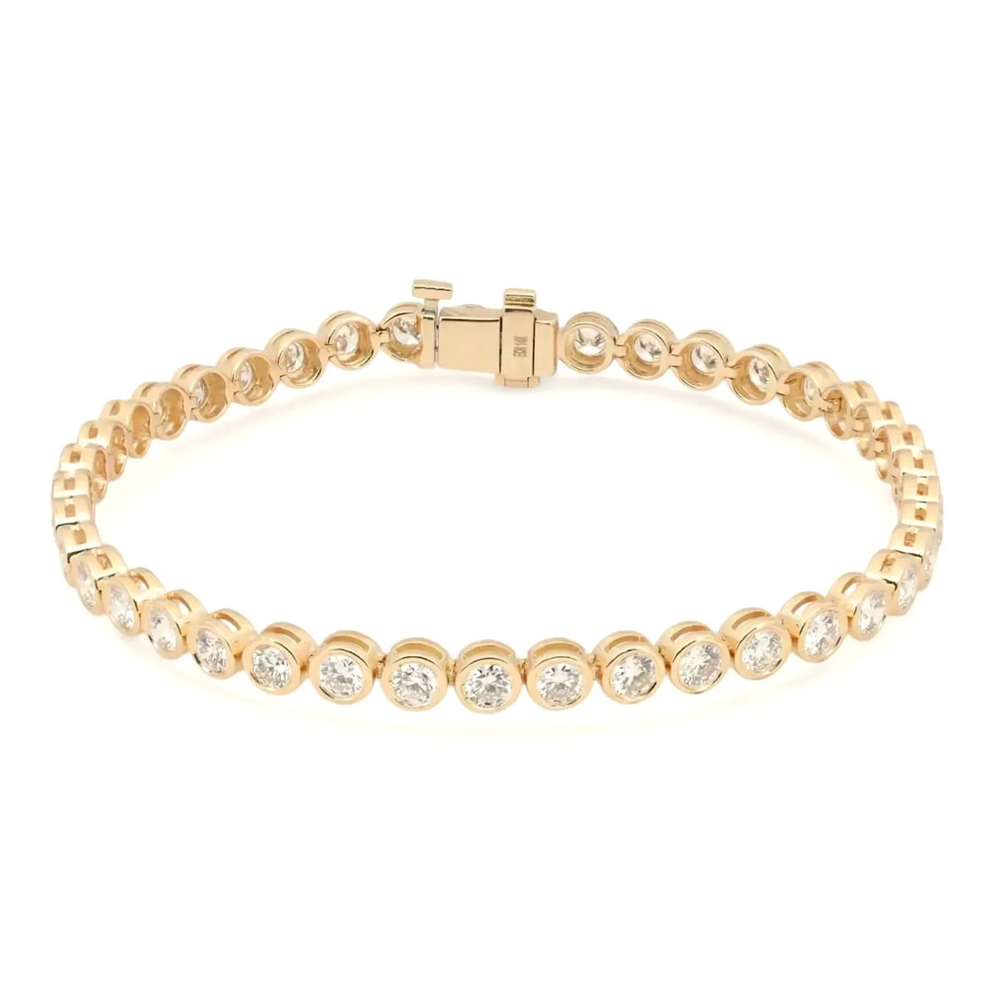 Rachel Koen 14K Yellow Gold Tennis Bracelet 4.18 Cttw Lab Grown Diamonds: Rachel Koen 14K Yellow Gold Tennis Bracelet 4.18 Cttw Lab Grown Diamonds Elegant tennis bracelet crafted in 14k yellow gold and set with round cut lab-grown diamonds in bezel settings. This pre-owned 