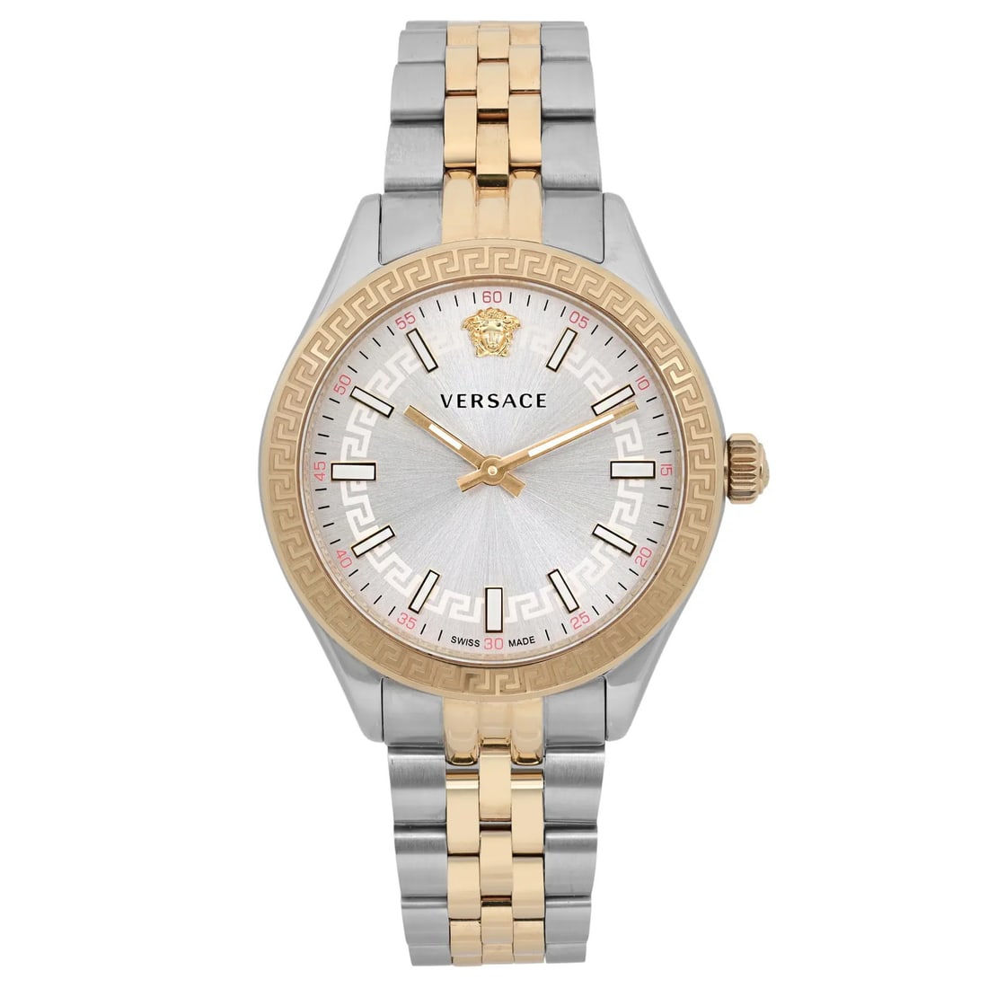 Versace Hellenyium 36MM Two Tone Quartz Luxury Wristwatch VEHU01024: Versace Hellenyium 36MM Two Tone Quartz Luxury Wristwatch VEHU01024 This Versace Hellenyium wristwatch features a 36 mm brushed stainless steel case with a two-tone gold and silver appearance. It is p