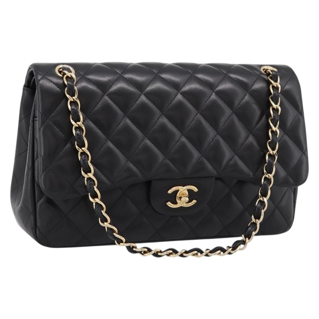 CHANEL Matelasse 30 Lamb Skin Shoulder Bag Black Gold: CHANEL Matelasse 30 Lamb Skin Shoulder Bag Black Gold Chanel Matelasse 30 chain double flap shoulder bag in lamb skin with a gold and black exterior. Made in Italy, this women's bag features an adjust