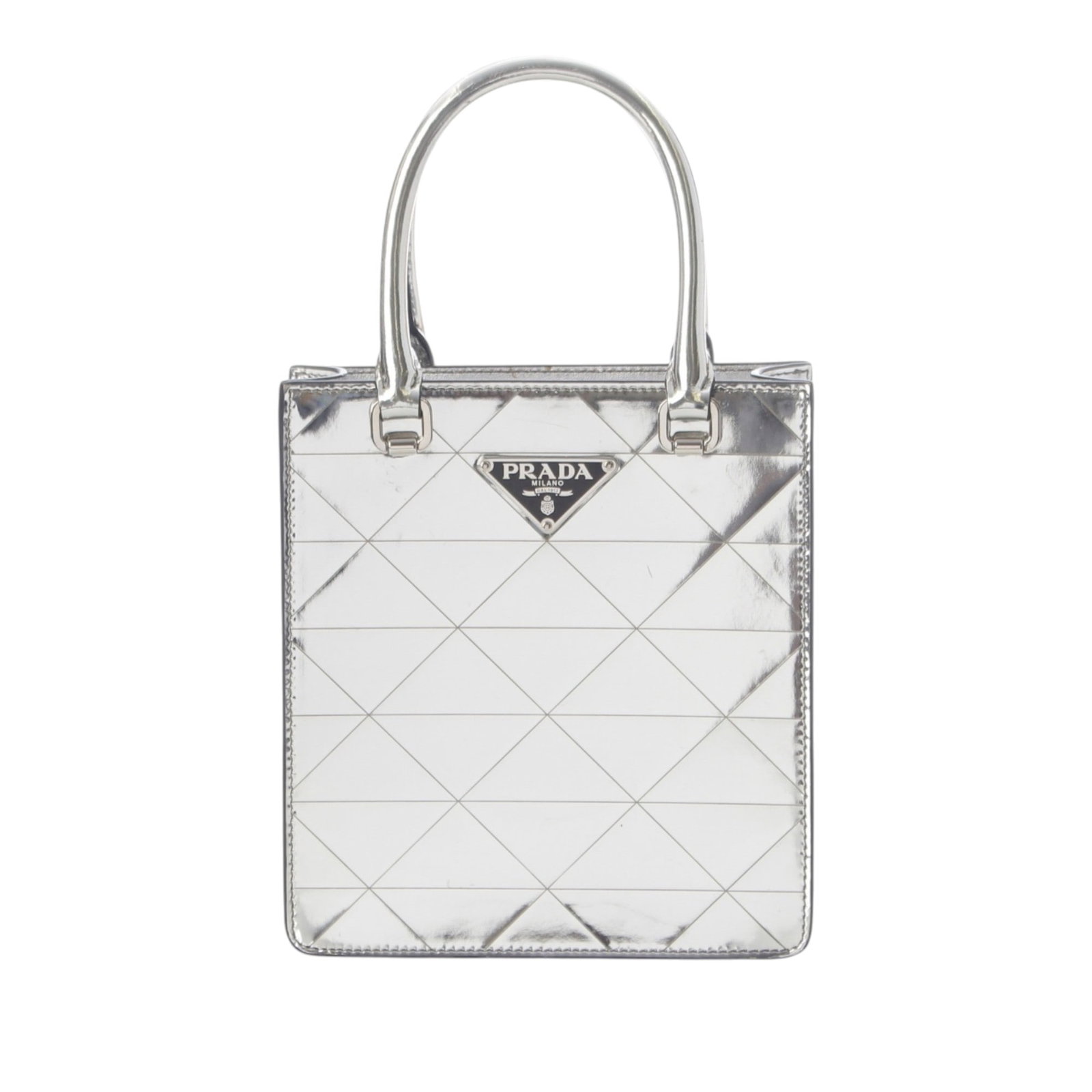 Prada Triangle Tote Metallic Spazzolato Leather Satchel Silver: Prada Triangle Tote Metallic Spazzolato Leather Satchel Silver A Prada triangle tote crafted in metallic spazzolato leather with a structured satchel silhouette. It features rolled leather handles, a 