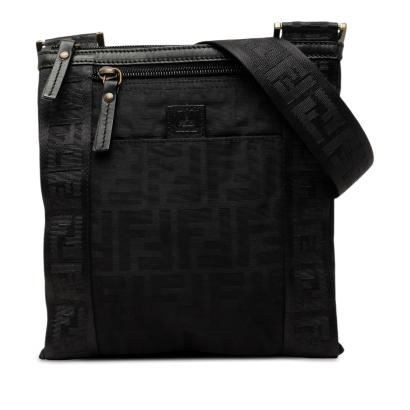 Fendi Zucca black canvas crossbody bag with leather trim: Fendi Zucca black canvas crossbody bag with leather trim Fendi Zucca canvas crossbody bag with leather trim, a flat shoulder strap, top zip closure, and exterior front zip and slip pockets. Made in It