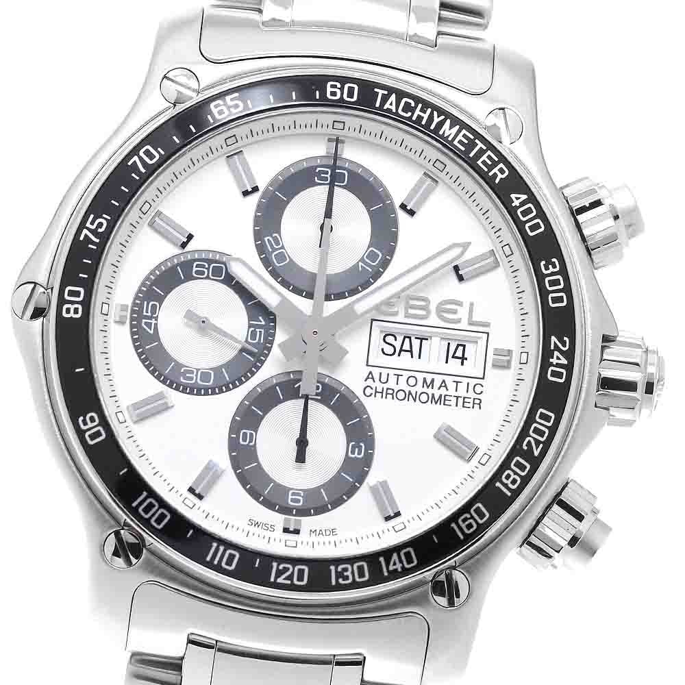 EBEL 1911 Discovery mens automatic chronograph day date watch E9750L62: EBEL 1911 Discovery mens automatic chronograph day date watch E9750L62 EBEL 1911 Discovery day-date chronograph automatic men's wristwatch with a silver dial and stainless steel case and bracelet. Thi