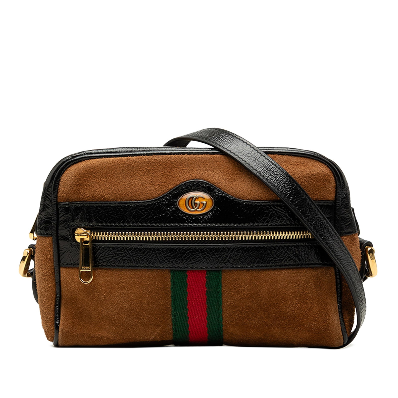 Gucci Ophidia Mini Crossbody Bag in Brown Suede Leather: Gucci Ophidia Mini Crossbody Bag in Brown Suede Leather Gucci Ophidia mini crossbody bag in brown suede with patent leather trim and the signature web detail. The bag features an adjustable flat paten