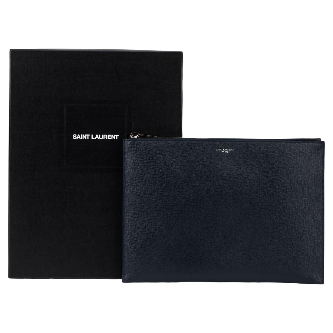 YSL Blue Calfskin Leather Zip Pouch with Silver Logo: YSL Blue Calfskin Leather Zip Pouch with Silver Logo This Yves Saint Laurent (YSL) Zip Pouch showcases a sleek design in smooth calfskin leather, crafted in a striking blue hue. The pouch features the