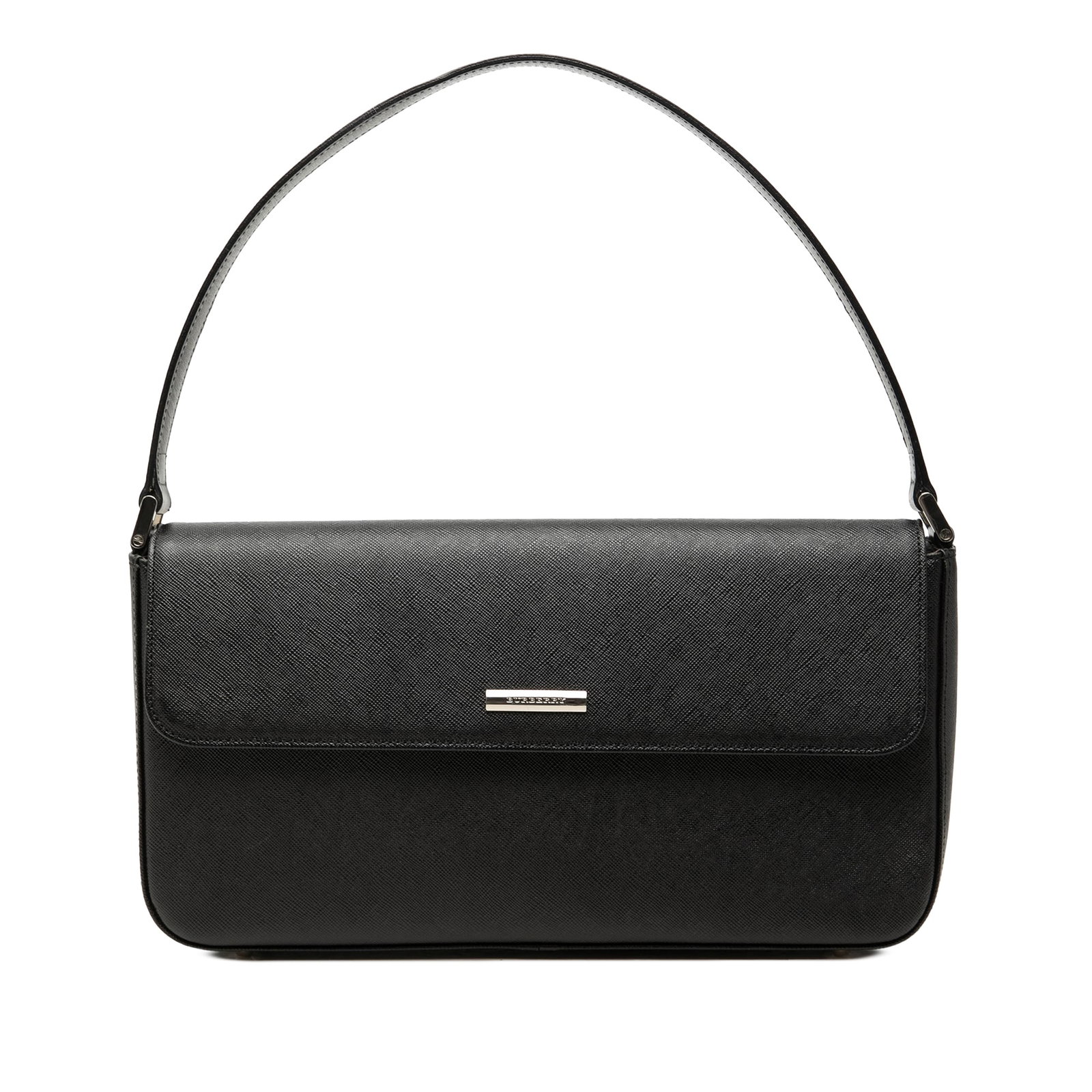 Burberry black leather shoulder bag with flap closure: Burberry black leather shoulder bag with flap closure A Burberry leather flap shoulder bag in black with a structured, compact profile. It features a flat leather shoulder strap, a front flap with mag