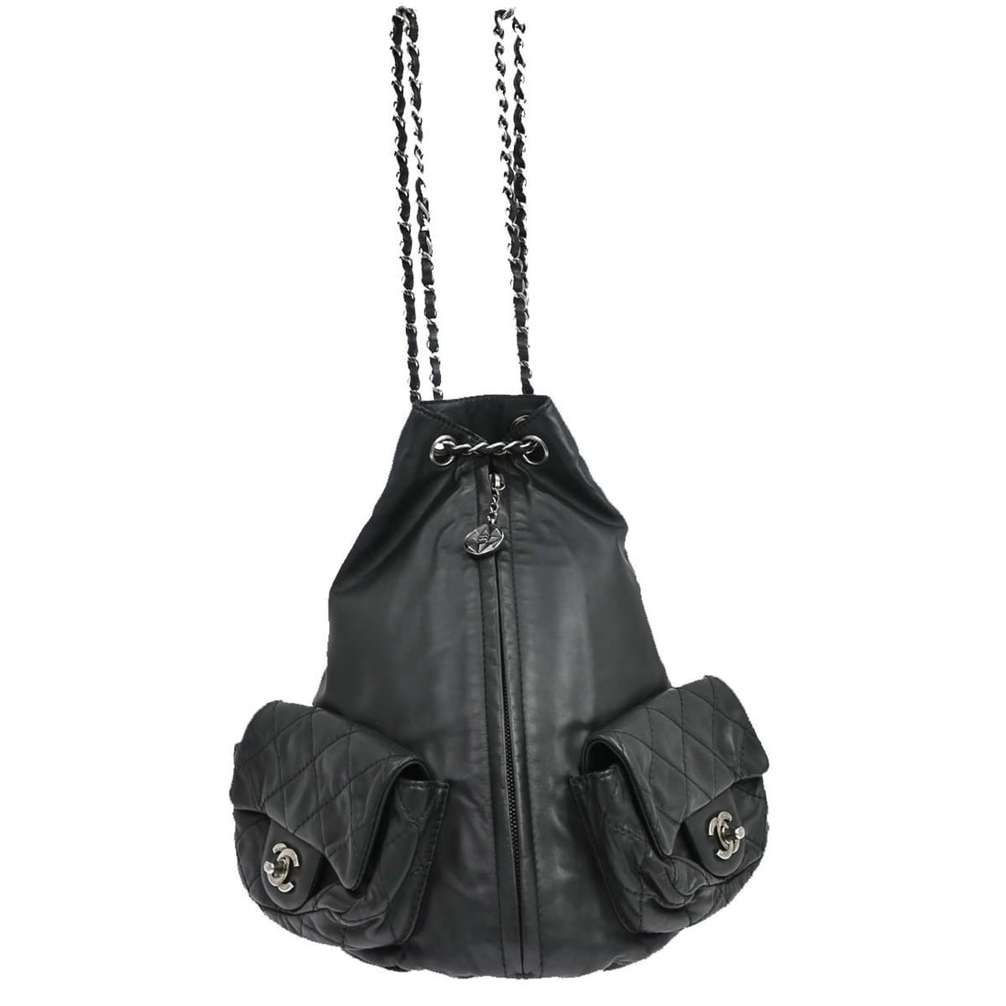 CHANEL Medium Lambskin Drawstring Backpack Black Silver Tone: CHANEL Medium Lambskin Drawstring Backpack Black Silver Tone Chanel medium backpack in black lambskin leather with a drawstring closure and silver-tone hardware. Made in Italy, this women's bag featur