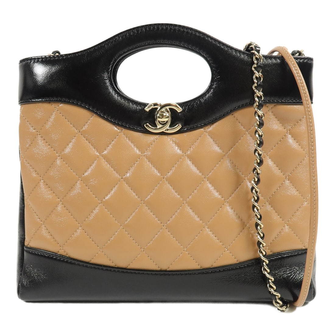 CHANEL 31 Mini Shopping Crossbody Shoulder Bag Black Brown Calfskin: CHANEL 31 Mini Shopping Crossbody Shoulder Bag Black Brown Calfskin CHANEL 31 Mini Shopping Bag in black and brown calfskin (cowhide) leather. This women's shoulder bag features a turn-lock closure, a