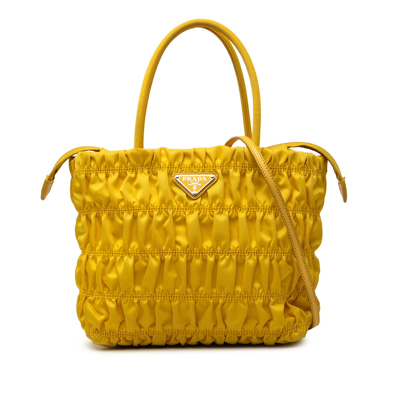 Prada Tessuto Gaufre Yellow Nylon Satchel with Leather Strap: Prada Tessuto Gaufre Yellow Nylon Satchel with Leather Strap Prada Tessuto Gaufre satchel in yellow with a gathered fabric body, rolled handles, a detachable flat leather strap, top zip closure, and a