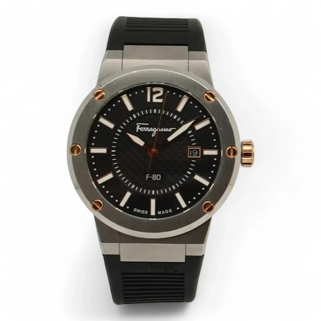 Ferragamo F-80 mens quartz wristwatch 44mm black dial rubber strap: Ferragamo F-80 mens quartz wristwatch 44mm black dial rubber strap Pre-owned Ferragamo F-80 men's wristwatch with a black analog dial and quartz movement. This luxury-style watch features a round stai