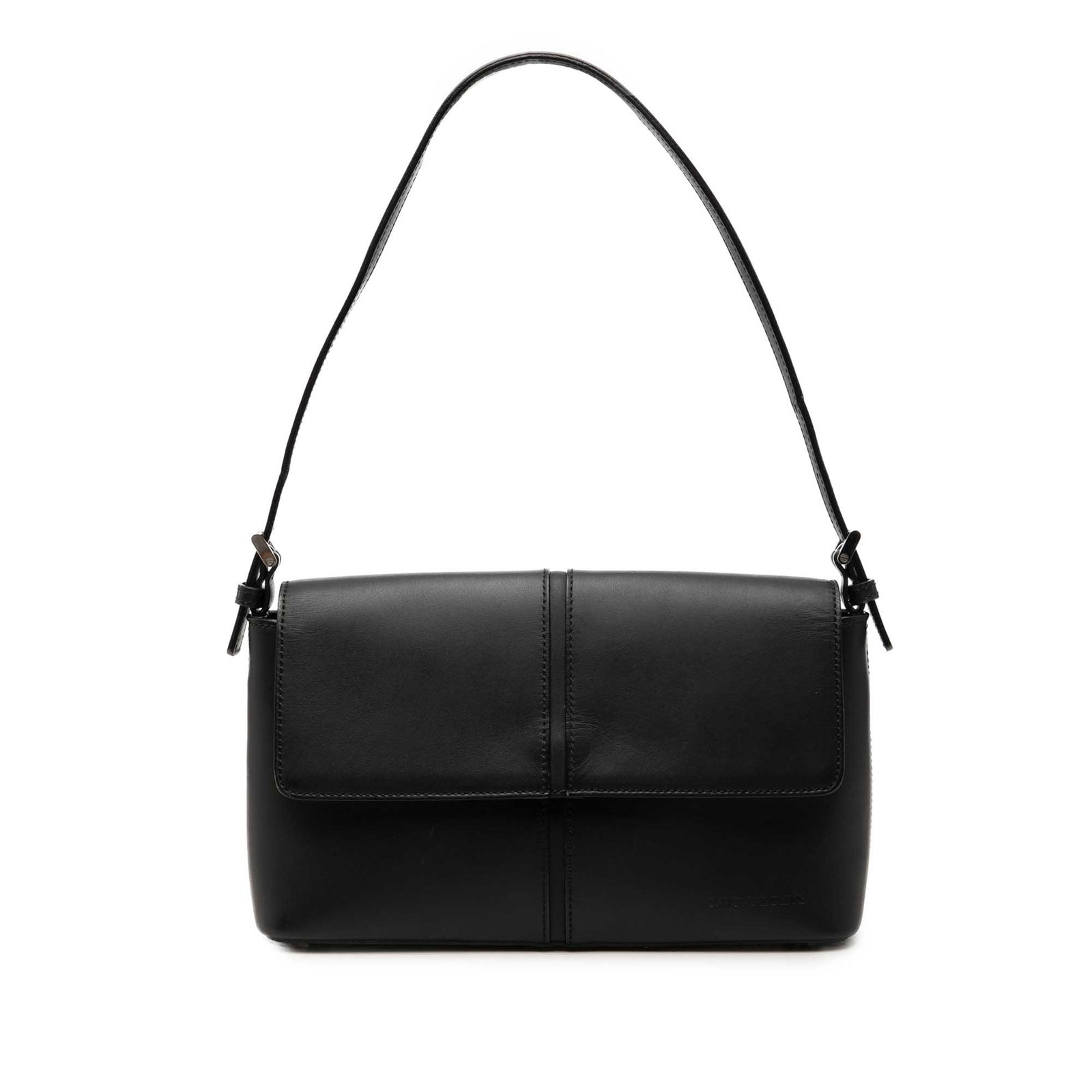 Burberry black leather flap shoulder bag with magnetic snap: Burberry black leather flap shoulder bag with magnetic snap A Burberry leather shoulder bag in black with a structured, compact silhouette. It features a flat leather shoulder strap, a front flap with