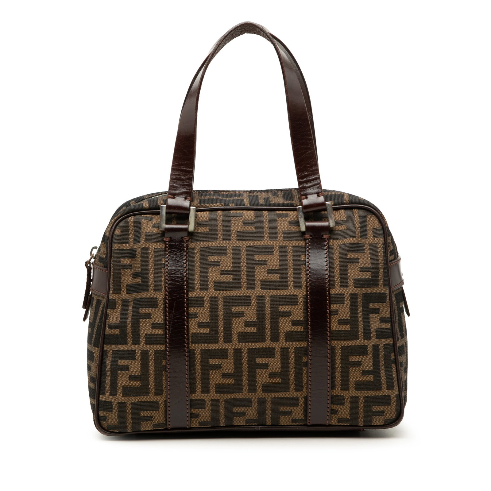 Fendi Zucca Brown Canvas Top Zip Bag with Leather Trim: Fendi Zucca Brown Canvas Top Zip Bag with Leather Trim Fendi Zucca canvas handbag with leather trim, flat leather handles, a top zip closure, and an interior zip pocket. Made in Italy, this brown hand