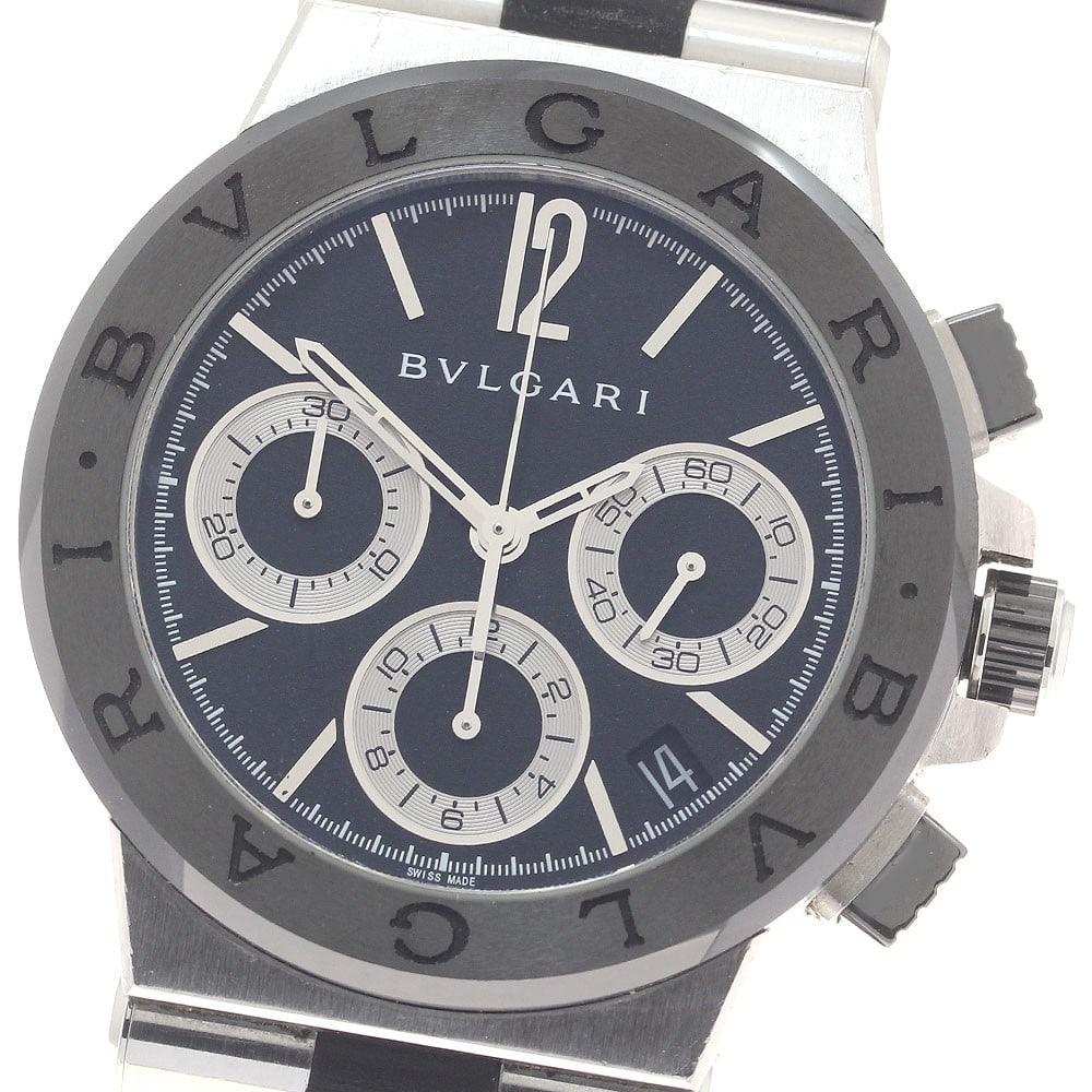 BVLGARI Diagono DG37SCCH automatic chronograph wristwatch black silver dial: BVLGARI Diagono DG37SCCH automatic chronograph wristwatch black silver dial BVLGARI Diagono chronograph automatic wristwatch with a black and silver dial, stainless steel and ceramic case, and rubber 