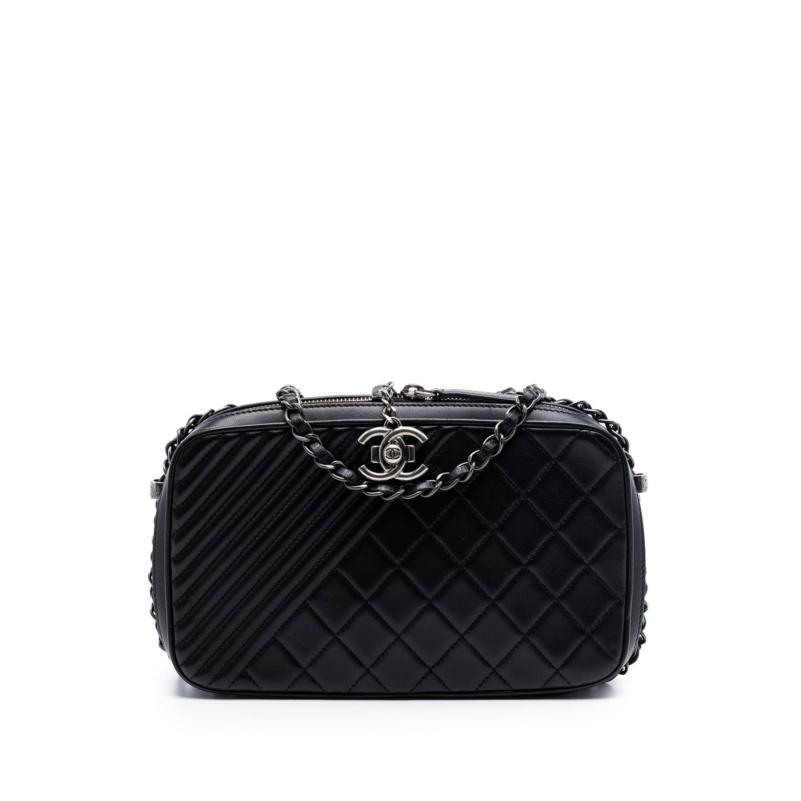 Chanel Coco Boy Medium Camera Bag in Black Quilted Lambskin: Chanel Coco Boy Medium Camera Bag in Black Quilted Lambskin Chanel Coco Boy Camera Bag in black quilted lambskin leather. This medium bag features a leather-woven chain link shoulder strap with a leat