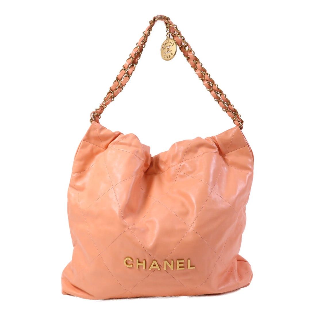 CHANEL 22 Medium Shoulder Bag Pink Calfskin AS3261 CC GHW: CHANEL 22 Medium Shoulder Bag Pink Calfskin AS3261 CC GHW A CHANEL medium shoulder bag in pink calfskin leather with gold-tone hardware. It features a magnetic pocket and one inside zip pocket, and co