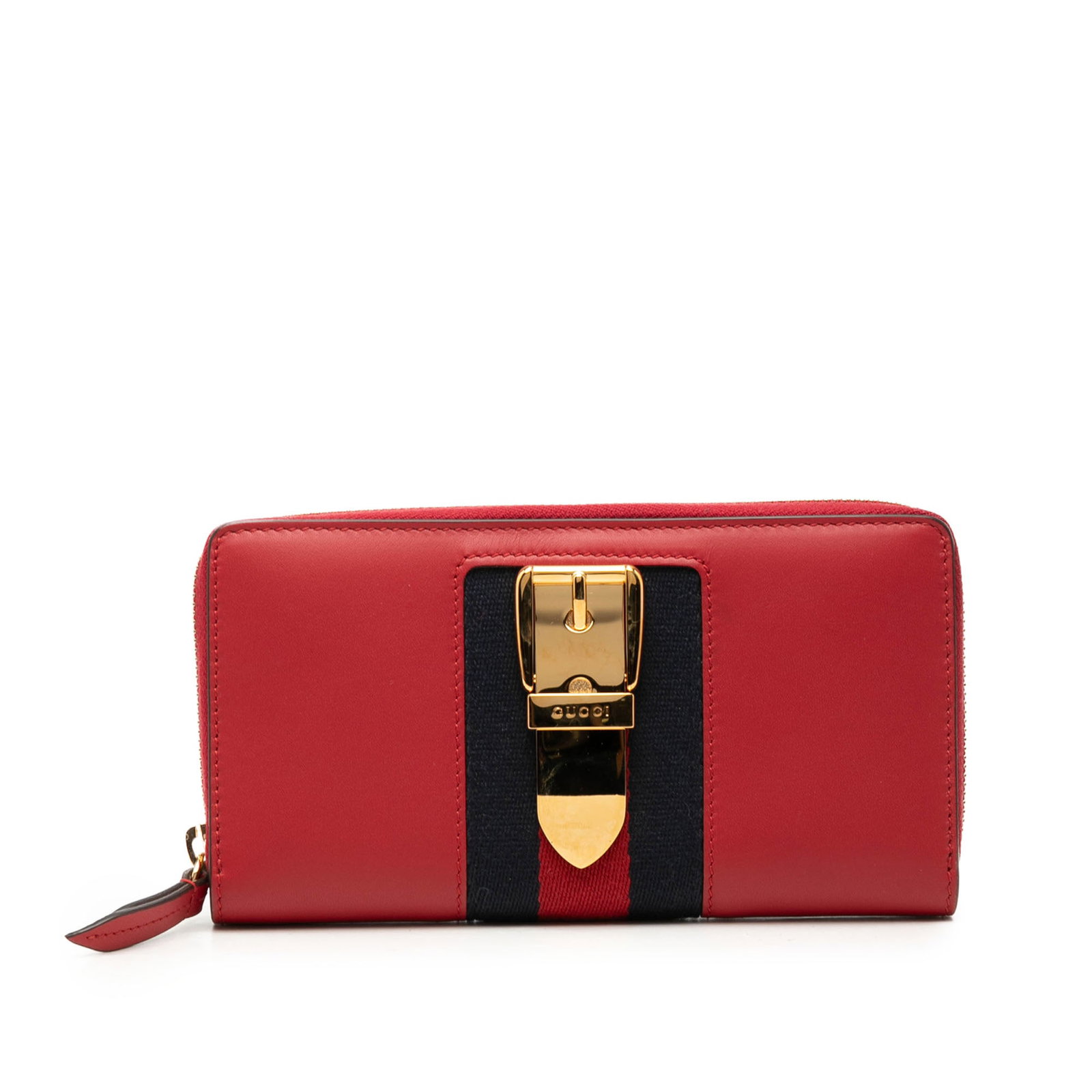 Gucci Sylvie zip around leather wallet in red: Gucci Sylvie zip around leather wallet in red Gucci Sylvie zip-around long wallet crafted in red calfskin leather. The design features a zip-around closure with interior zip and slip pockets. Includes