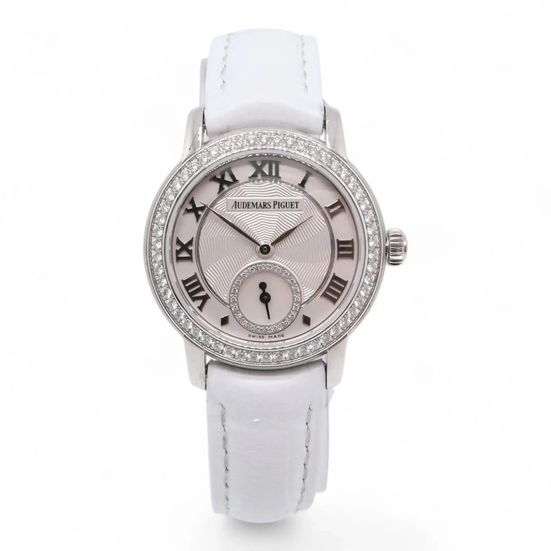 Audemars Piguet Jules Womens 18K White Gold Diamond Silver Dial Watch 77228BC: Audemars Piguet Jules Womens 18K White Gold Diamond Silver Dial Watch 77228BC Pre-owned Audemars Piguet Jules wristwatch in excellent condition with light signs of wear. This women's luxury watch feat