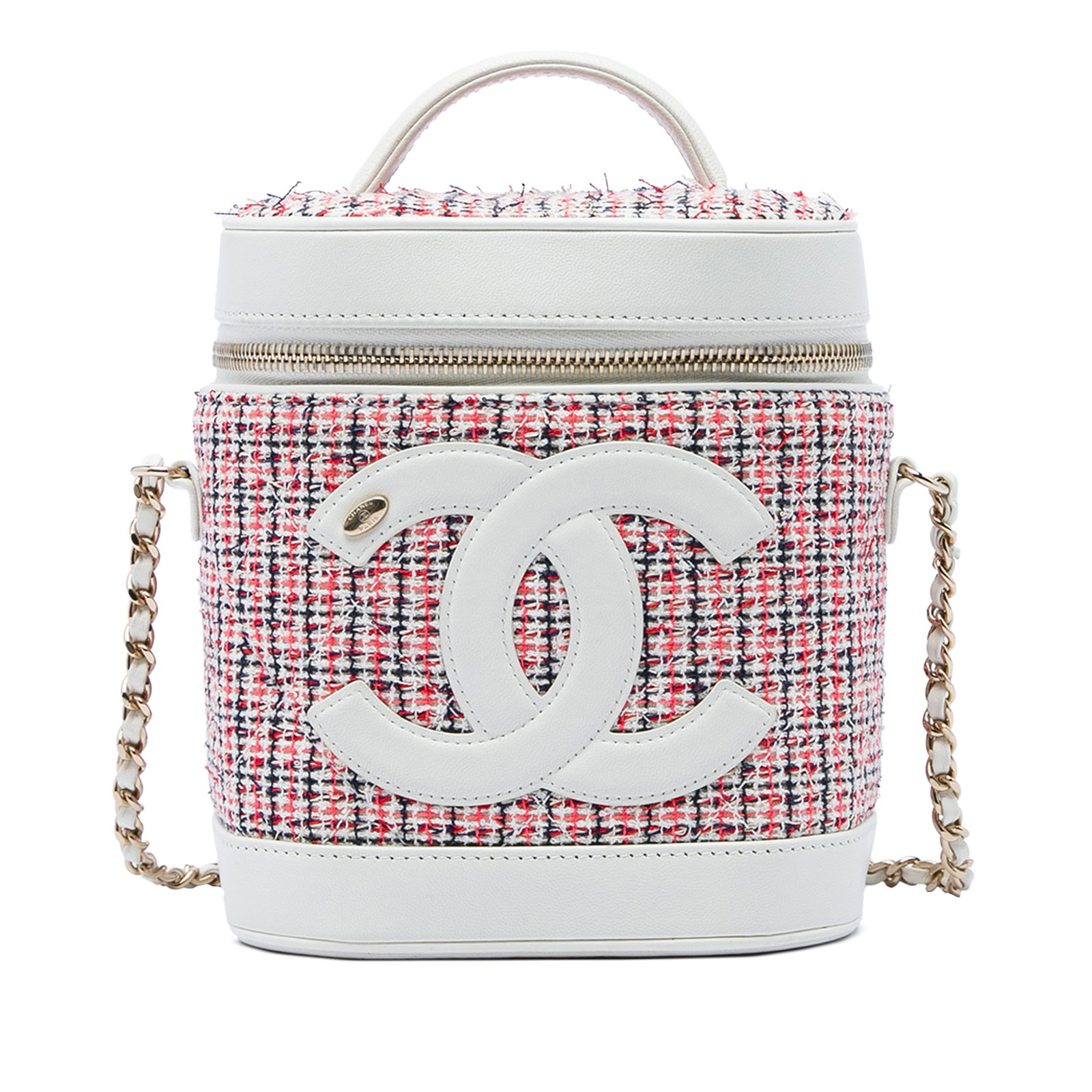 Chanel CC Vanity Case Tweed Lambskin Crossbody Bag: Chanel CC Vanity Case Tweed Lambskin Crossbody Bag Chanel Tweed and Lambskin CC Vanity Case in red with a tweed body and leather trim. This crossbody bag features a flat leather top handle, a leather-