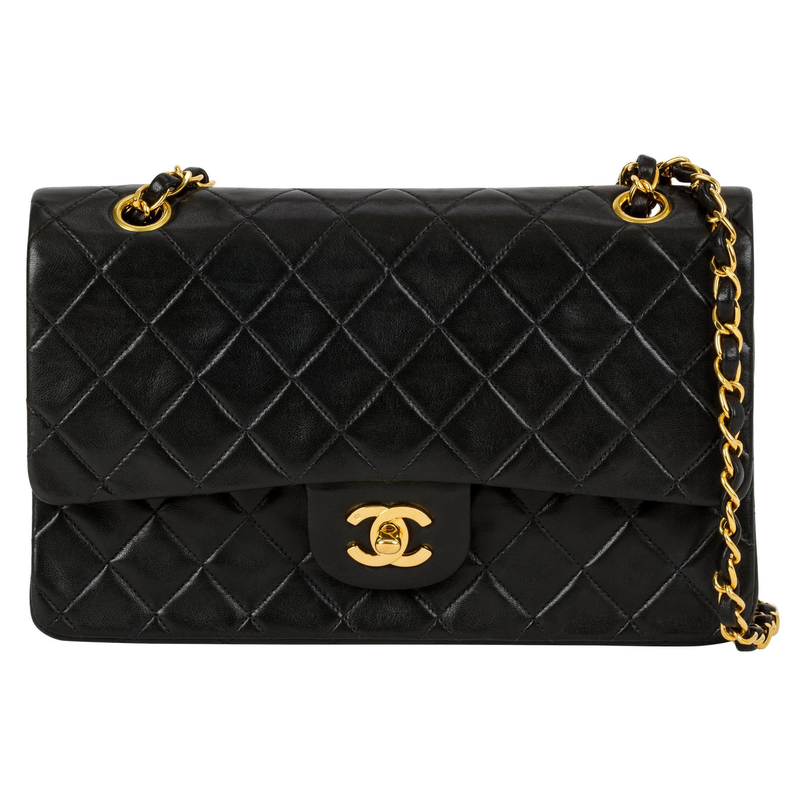 Chanel Classic Black Double Flap Lambskin Bag with Hologram: Chanel Classic Black Double Flap Lambskin Bag with Hologram This iconic Chanel Classic Black Double Flap Bag is a timeless accessory crafted from luxurious lambskin leather. It features the distinctiv