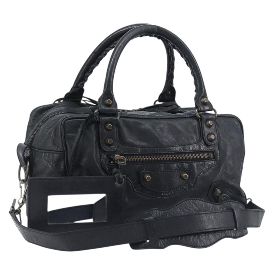 BALENCIAGA 145694 leather 2way handbag black with strap mirror (1 of 18)