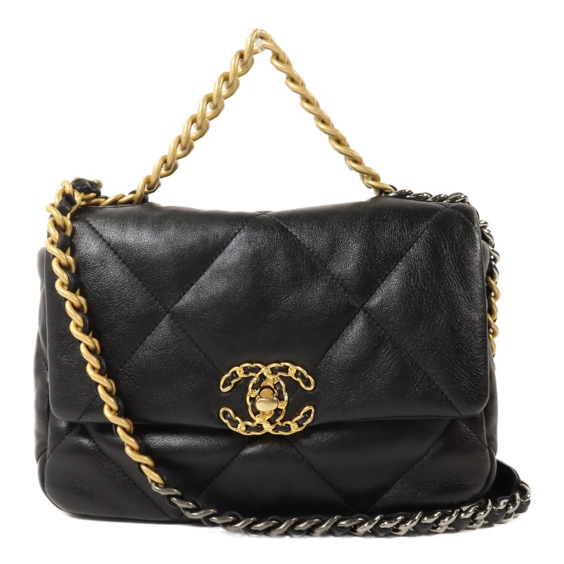 CHANEL AS1160 C19 Small Lambskin 2 Way Shoulder Bag Black: CHANEL AS1160 C19 Small Lambskin 2 Way Shoulder Bag Black Chanel CC C19 Small 2 Way Shoulder Bag in black lambskin leather. This women's bag features a structured silhouette with a turn-lock closure, 