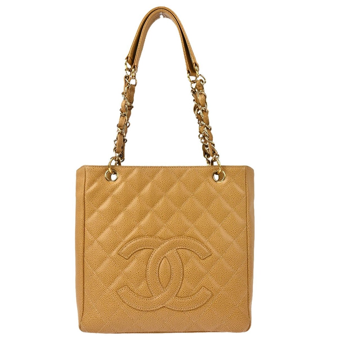 CHANEL Petite Shopping Tote beige caviar leather chain shoulder bag: CHANEL Petite Shopping Tote beige caviar leather chain shoulder bag Chanel Petite Shopping Tote PST chain handbag in beige caviar skin leather with a quilted finish and magnetic closure. This medium t