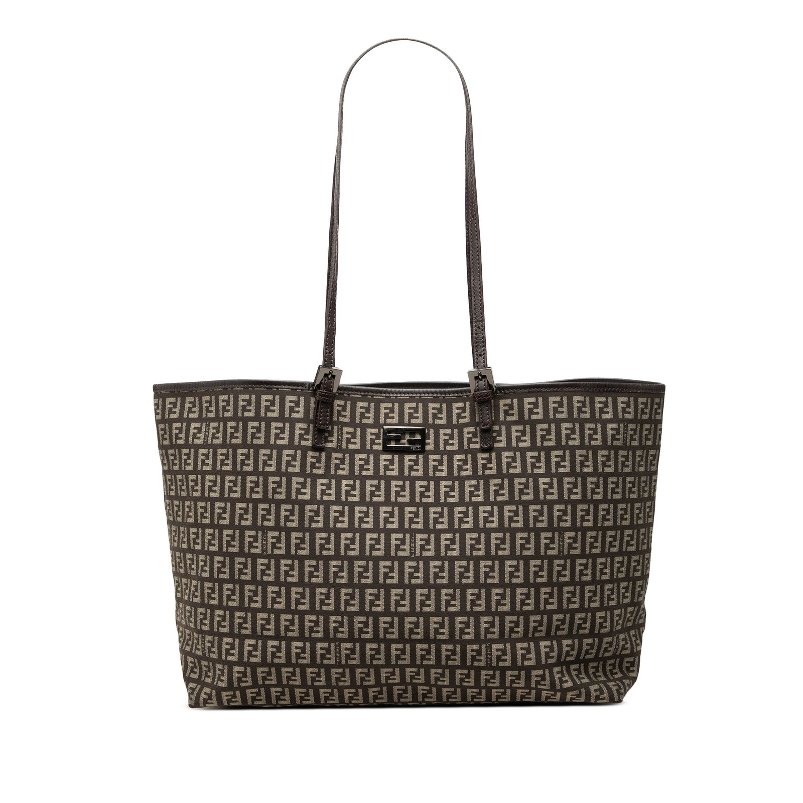 Fendi Zucchino Brown Canvas Tote Bag with Leather Trim: Fendi Zucchino Brown Canvas Tote Bag with Leather Trim Fendi Zucchino canvas tote with leather trim and flat leather straps. The bag features a magnetic closure and an interior slip pocket. Made in It