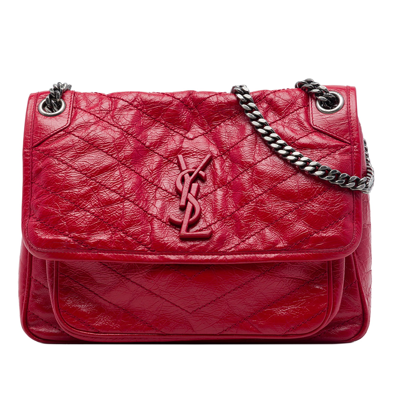 Saint Laurent Niki Medium Red Crinkled Calfskin Shoulder Bag: Saint Laurent Niki Medium Red Crinkled Calfskin Shoulder Bag Saint Laurent Medium Crinkled Calfskin Niki shoulder bag in red quilted leather. This bag features a curb chain strap, a front flap with ma