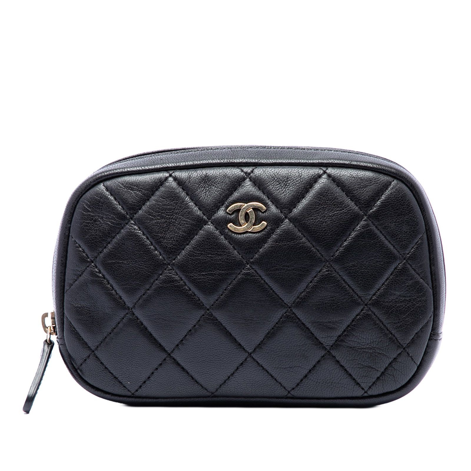 Chanel CC Curvy Cosmetic Pouch in Quilted Black Lambskin: Chanel CC Curvy Cosmetic Pouch in Quilted Black Lambskin A Chanel curvy cosmetic case pouch crafted in black quilted lambskin leather. This compact accessory features a top zip closure and an interior