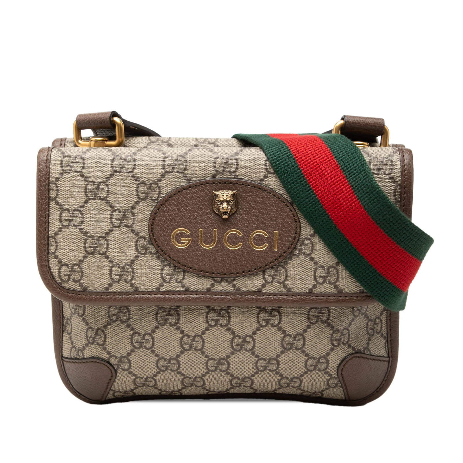 Gucci Neo Vintage Small Messenger Bag in GG Supreme Web: Gucci Neo Vintage Small Messenger Bag in GG Supreme Web A Gucci Neo Vintage double flap messenger bag in beige GG Supreme coated canvas with leather trim. This small crossbody style features an adjust