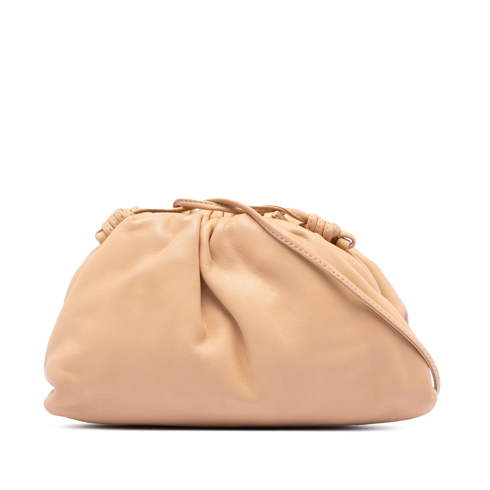 Bottega Veneta Mini Pouch Beige Lambskin Convertible Crossbody Bag: Bottega Veneta Mini Pouch Beige Lambskin Convertible Crossbody Bag This Bottega Veneta Mini Pouch Crossbody is crafted from beige lambskin leather and features a convertible flat leather strap with a 