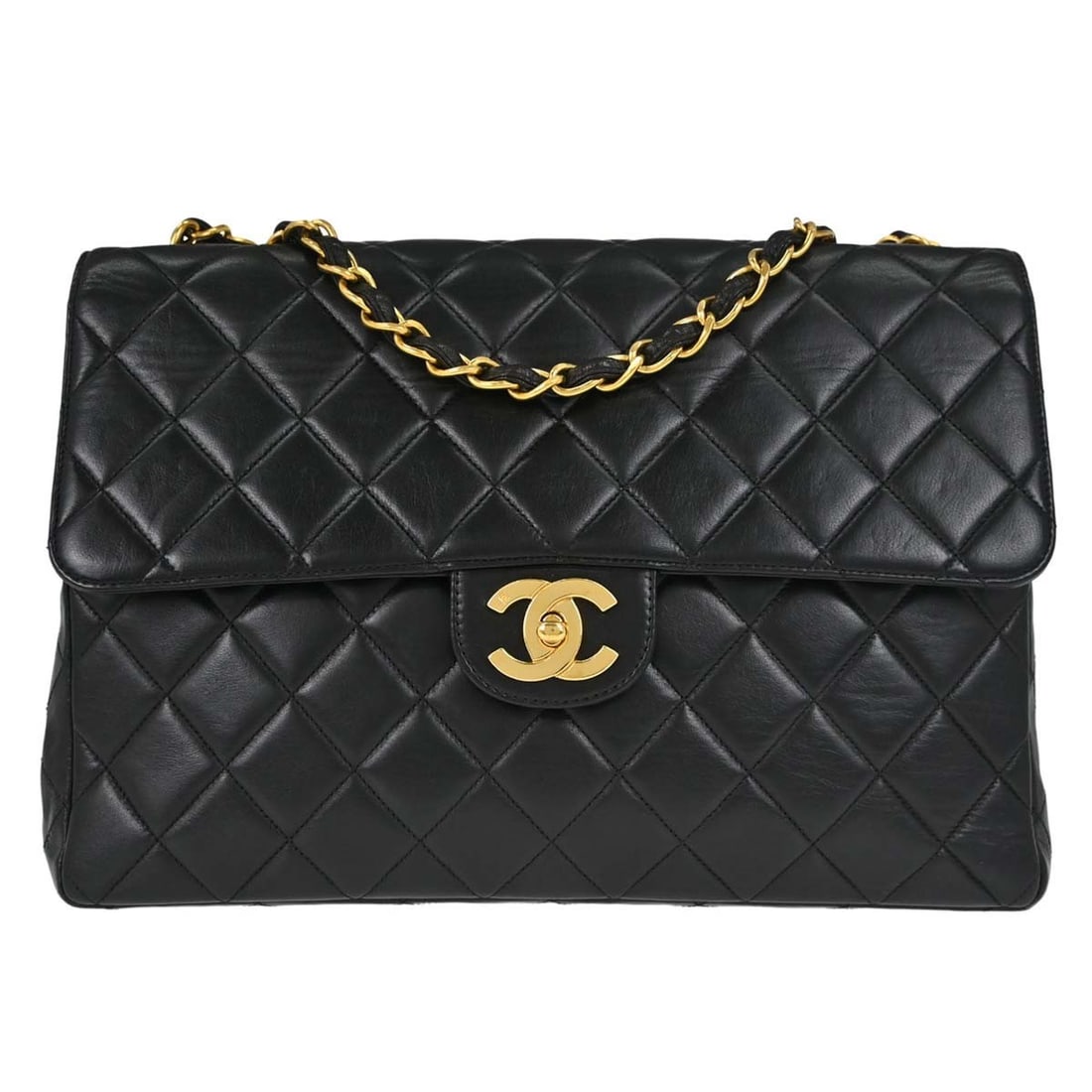 CHANEL Jumbo Classic Flap Shoulder Bag Black Lambskin: CHANEL Jumbo Classic Flap Shoulder Bag Black Lambskin Chanel Jumbo Classic Flap shoulder bag in black lambskin with matelasse quilting, a flap turnlock closure, and chain shoulder strap. The bag featu